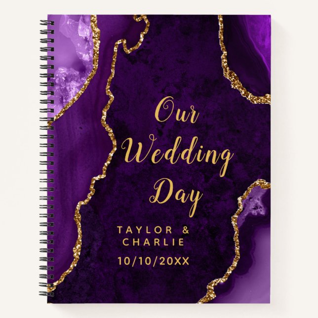 Purple and Gold Agate Marble Wedding Notebook (Front)