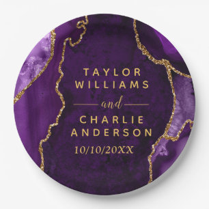 Purple and Gold Agate Marble Wedding Paper Plate