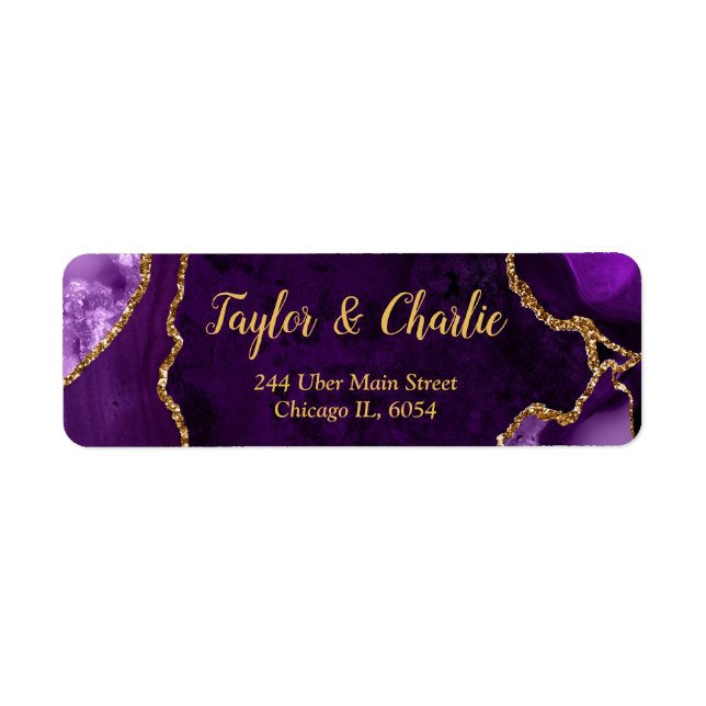 Purple and Gold Agate Marble Wedding Return Address Label (Front)