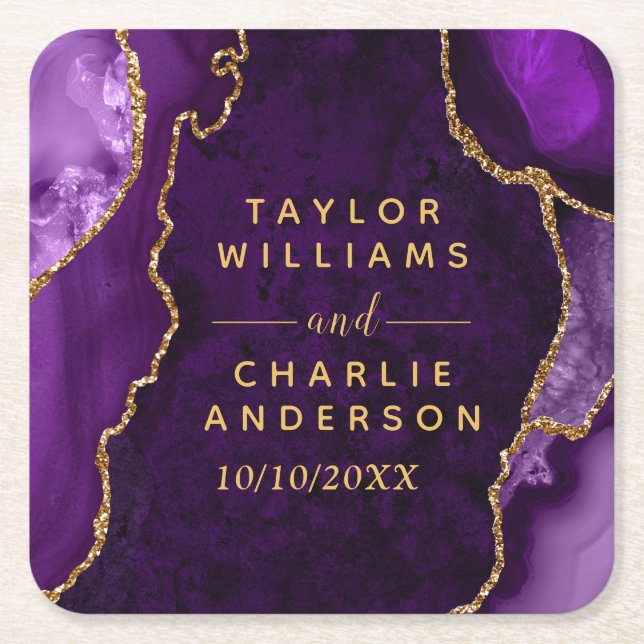 Purple and Gold Agate Marble Wedding Square Paper Coaster (Front)