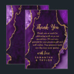 Purple and Gold Agate Marble Wedding Thank You Card<br><div class="desc">Make a bold and elegant statement of gratitude with this purple and gold agate marble thank you design. Featuring rich jewel tones, organic stone textures, and shimmering gold accents, this design is perfect for couples who want to extend the luxury of their celebration beyond the wedding day. Deep amethyst hues...</div>
