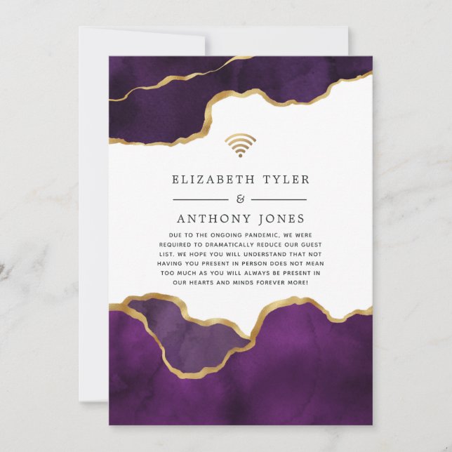 Purple and Gold Agate Reduced Wedding Guest List Announcement (Front)