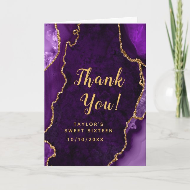 Purple and Gold Agate Sweet Sixteen Thank You Card (Front)