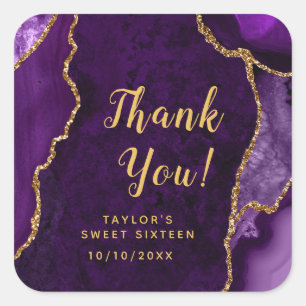 Purple and Gold Agate Sweet Sixteen Thank You Square Sticker