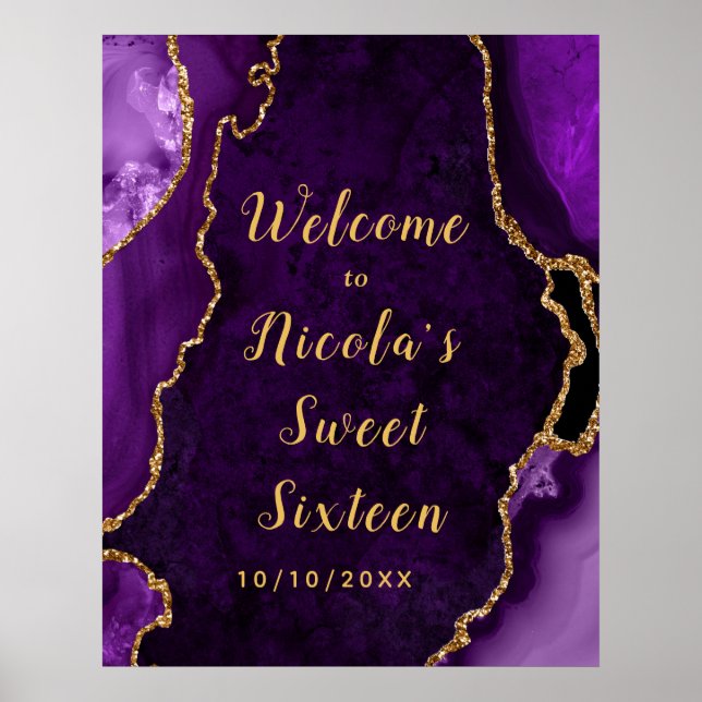 Purple and Gold Agate Sweet Sixteen Welcome Poster (Front)