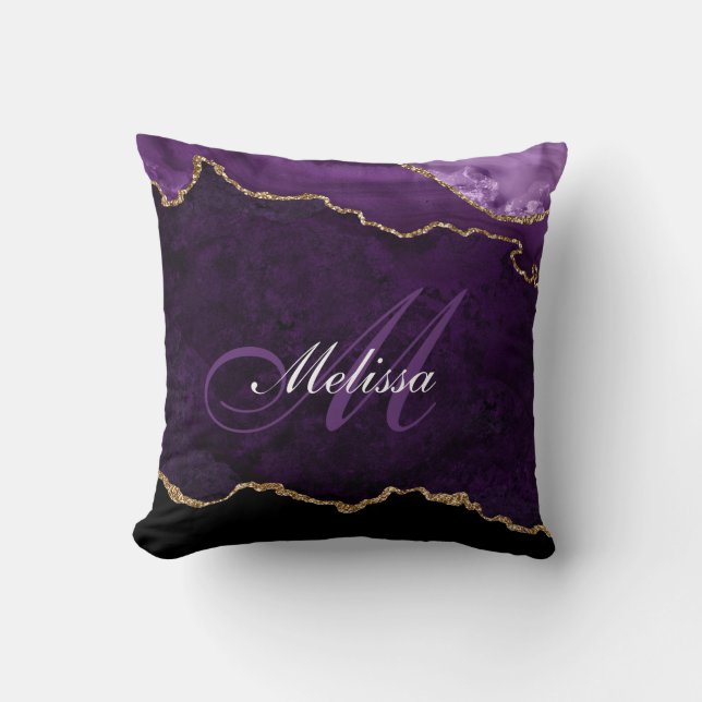 purple and gold agate trendy monogram throw pillow (Front)