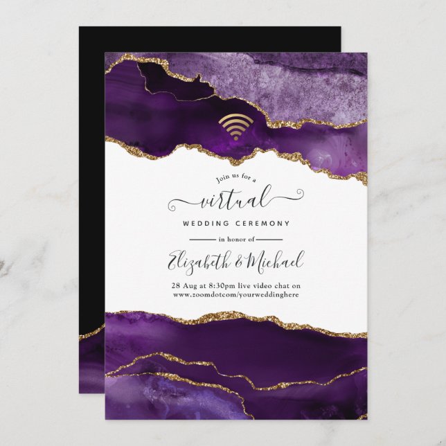 Purple and Gold Agate Virtual Wedding Invitation (Front/Back)