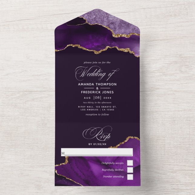 Purple and Gold Agate Wedding All In One Invitatio Invitation (Inside)