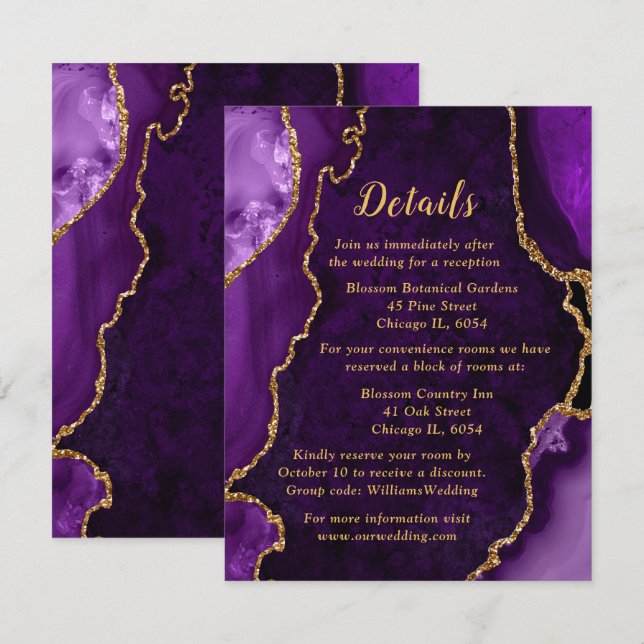 Purple and Gold Agate Wedding Details Enclosure Card (Front/Back)