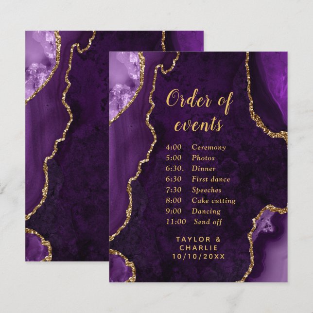 Purple and Gold Agate Wedding Order of Events Encl Enclosure Card (Front/Back)