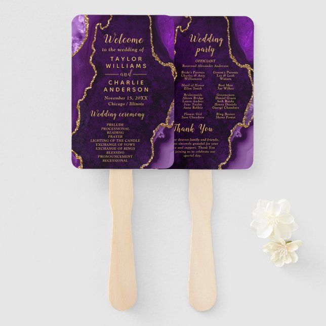 Purple and Gold Agate Wedding Program Hand Fan (Front and Back)