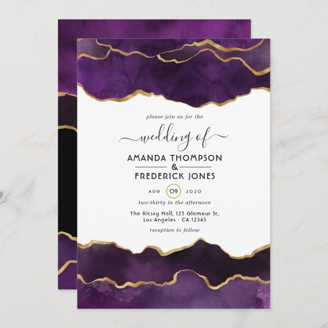 Purple and Gold Agate Wedding Update Invitation (Front/Back)