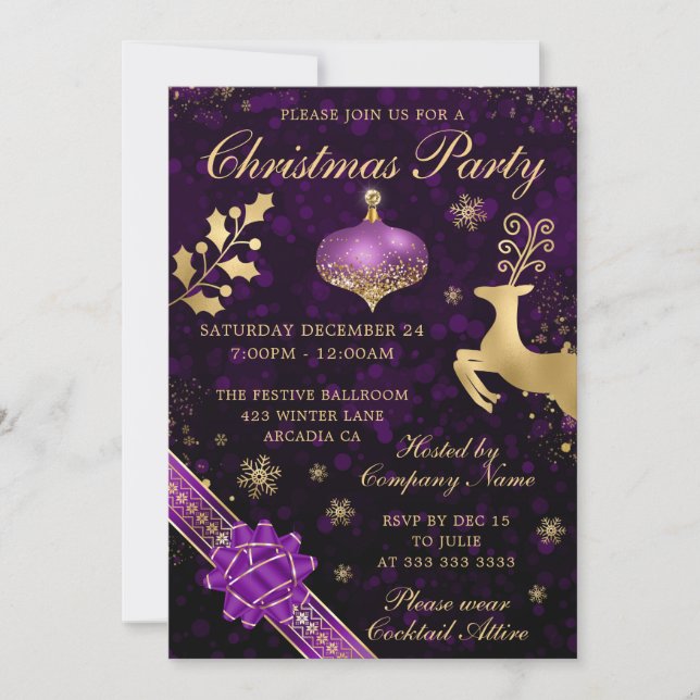 Purple and Gold Bauble & Ribbon Christmas Party Invitation (Front)