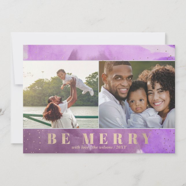 Purple and Gold Be Merry Abstract Multiple Photo Holiday Card (Front)