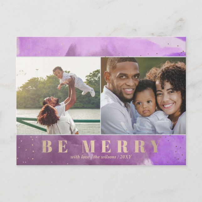 Purple and Gold Be Merry Abstract Multiple Photo Holiday Postcard (Front)