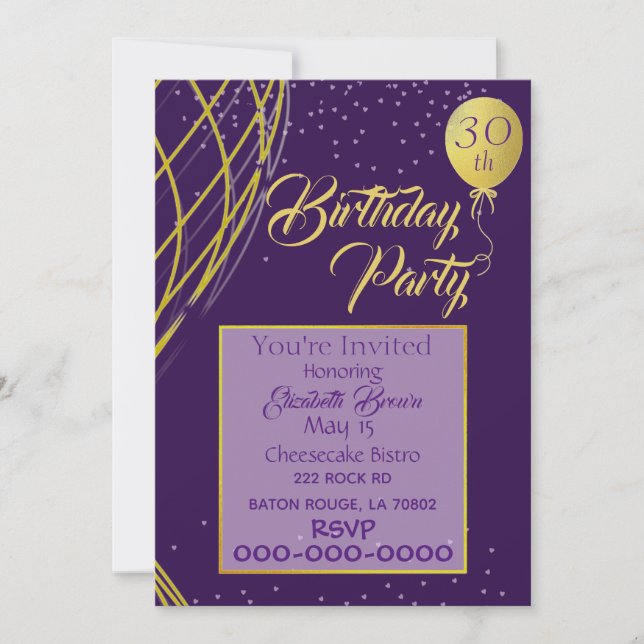 Purple and Gold Birthday Invitation (Front)