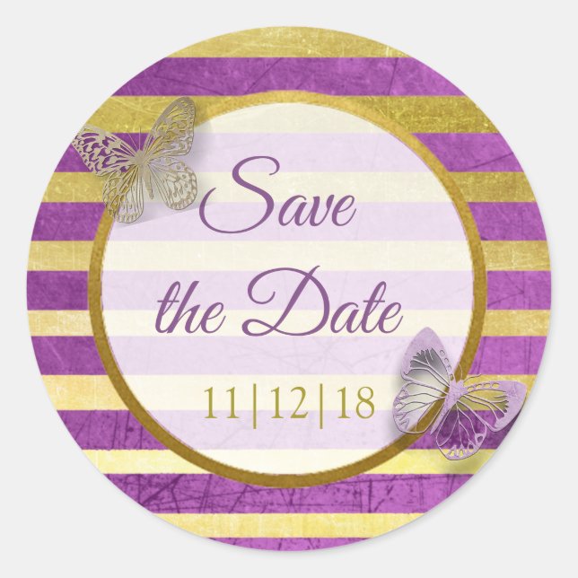 Purple and Gold Butterfly Save the Date Stickers (Front)