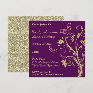 Purple and Gold Butterfly Sweet 16 Birthday Invitation