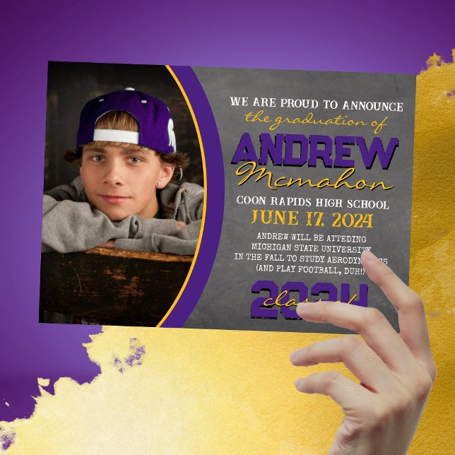 Purple and Gold Chalkboard Graduation Announcement (Unique 1 Photo Purple and Yellow Gold Chalkboard Graduation Announcements)