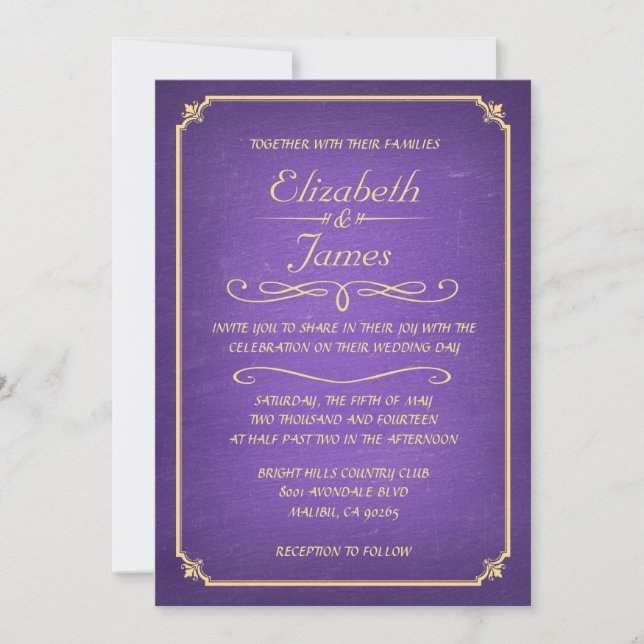 Purple and Gold Chalkboard Wedding Invitations (Front)