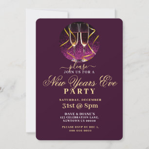 PURPLE AND GOLD, CHAMPAGNE FLUTES, NEW YEARS PARTY INVITATION