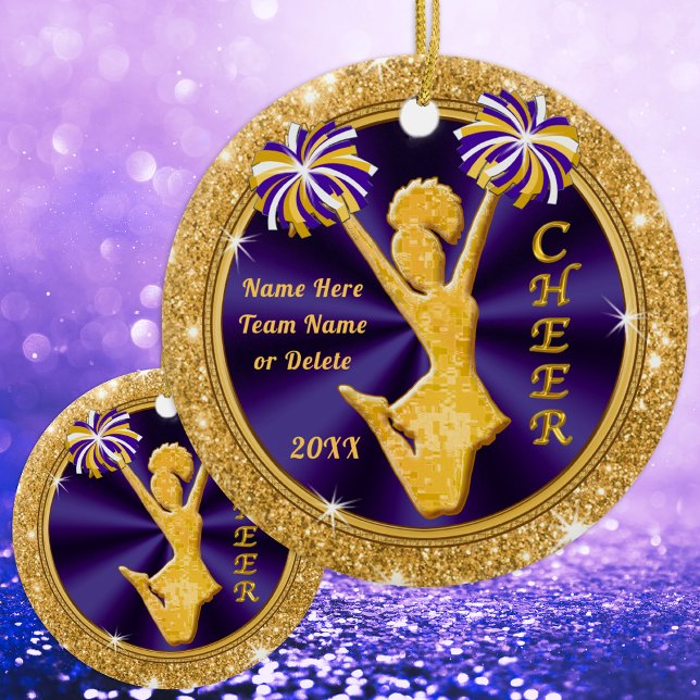 Purple and Gold, Cheer Team Christmas Gifts Ceramic Ornament (Personalized Cheer Ornaments. Nice, Cheerleading Christmas Gifts, for Girls. Cheer Squad Gifts.)