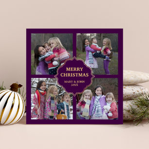 Purple and Gold Christmas 4 Square Photos Collage Holiday Card