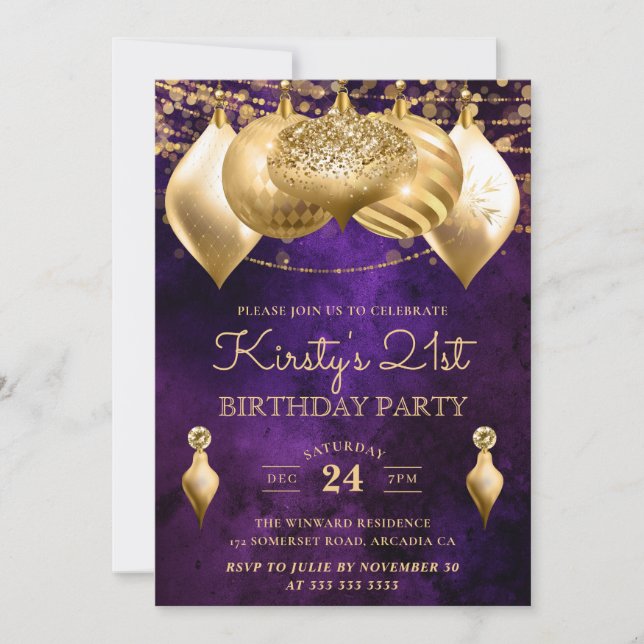 Purple and Gold Christmas Baubles 21st Birthday Invitation (Front)