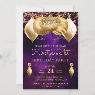 Purple and Gold Christmas Baubles 21st Birthday Invitation