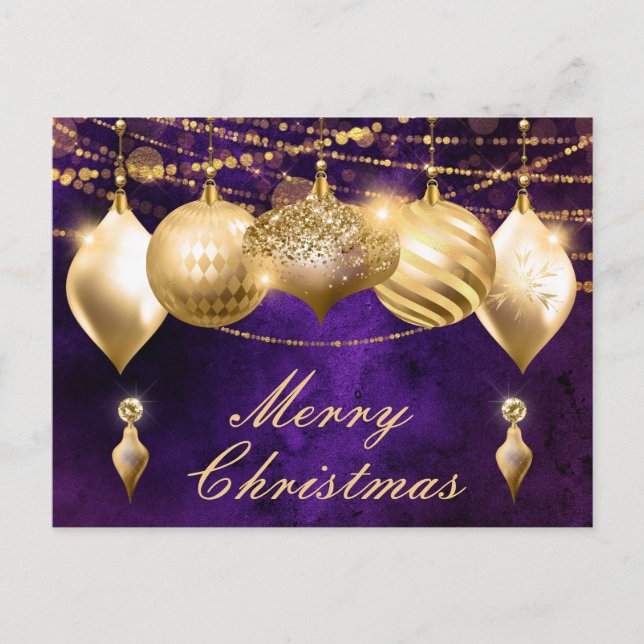 Purple and Gold Christmas Baubles Holiday Postcard (Front)