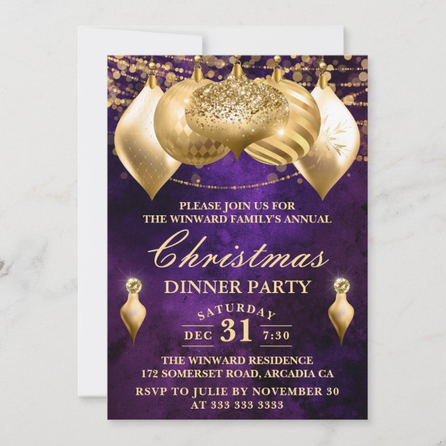 Purple and Gold Christmas Baubles Invitation (Front)