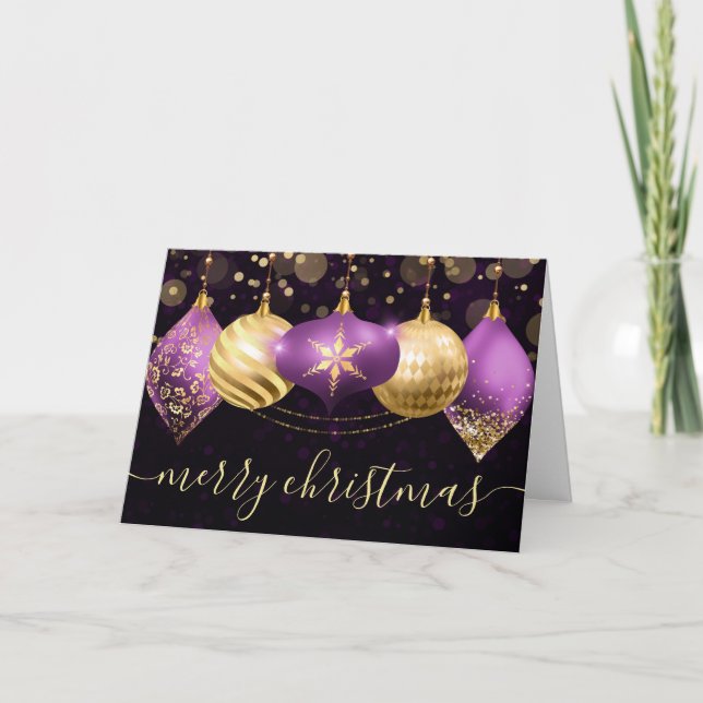 Purple and Gold Christmas Baubles Ornaments Holiday Card (Front)