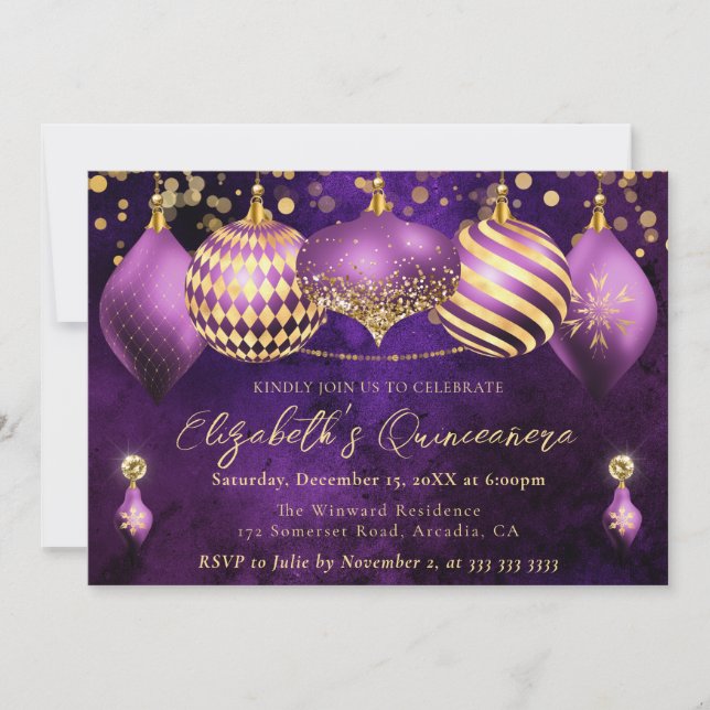 Purple and Gold Christmas Baubles Quinceanera Invitation (Front)