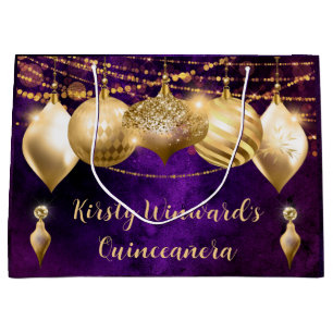 Purple and Gold Christmas Baubles Quinceanera Large Gift Bag
