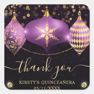 Purple and Gold Christmas Baubles Quinceanera Square Sticker