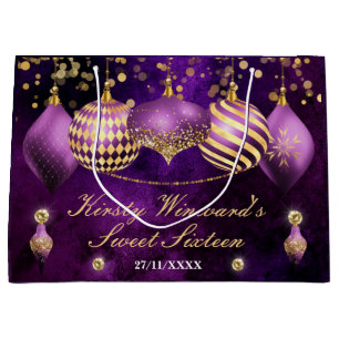 Purple and Gold Christmas Baubles Sweet 16 Large Gift Bag