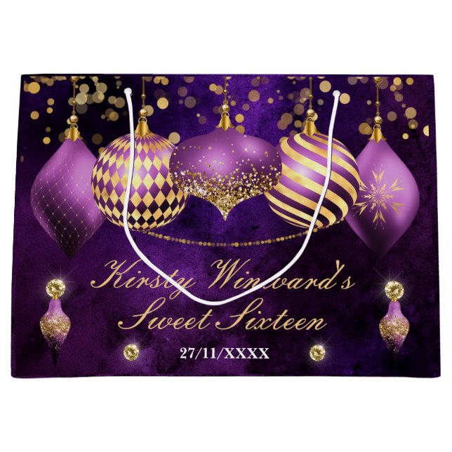 Purple and Gold Christmas Baubles Sweet 16 Large Gift Bag (Front)