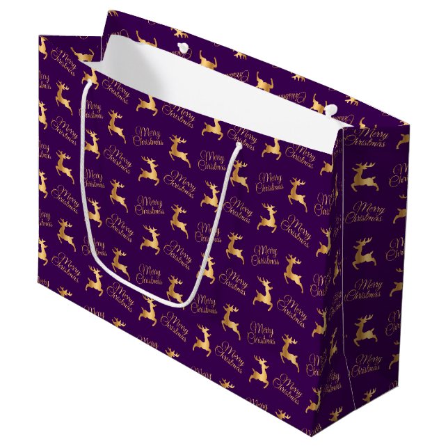 Purple and Gold Christmas Reindeers Large Gift Bag (Front Angled)