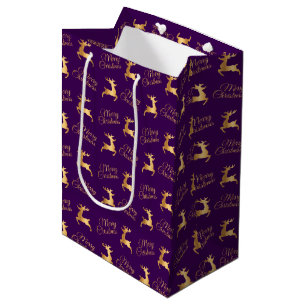 Purple and Gold Christmas Reindeers Medium Gift Bag