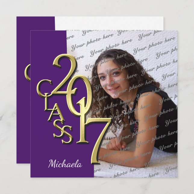 Purple and Gold Class of 2017 Photo Graduation Invitation (Front/Back)