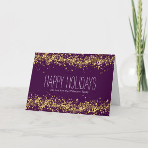 Purple and Gold Confetti Bokeh Christmas Holiday Card