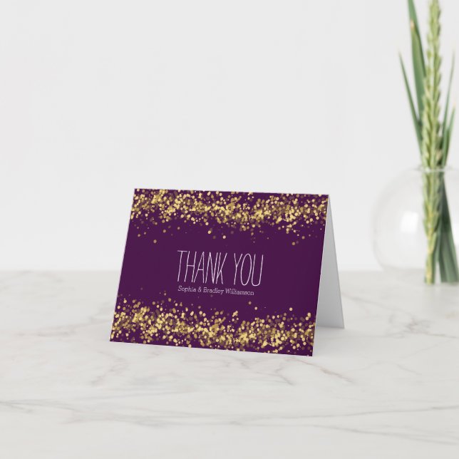 Purple and Gold Confetti Bokeh Thank you Card (Front)