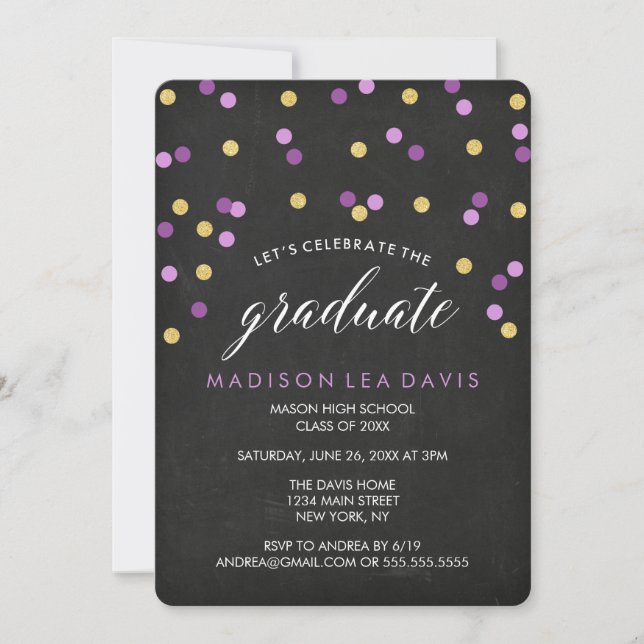 Purple and Gold Confetti Chalkboard Graduation Invitation (Front)