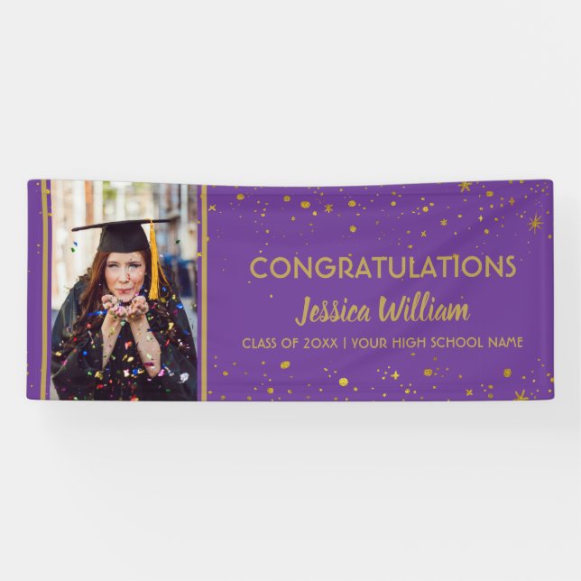 Purple And Gold Confetti Graduate Photo Graduation Banner (Horizontal)