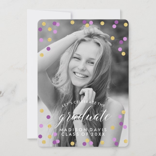 Purple and Gold Confetti Photo Graduation Invitation (Front)