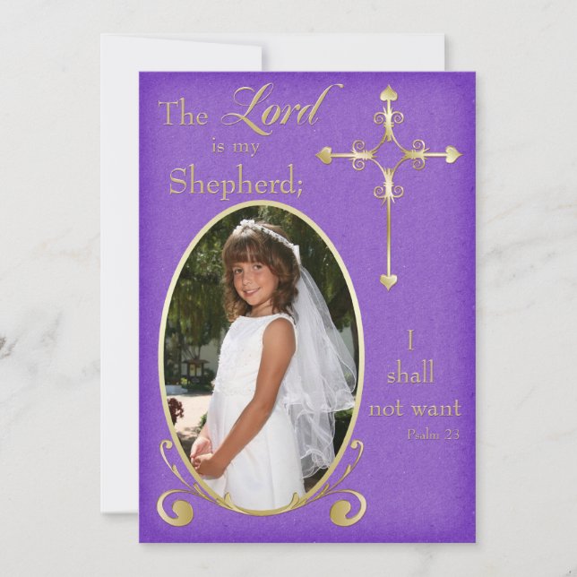 Purple and Gold Cross Photo Communion Announcement (Front)