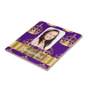 Purple and gold crown photo template ceramic tile
