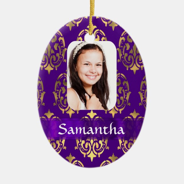 Purple and gold damask ceramic tree decoration (Front)