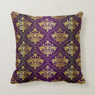 Purple And Gold Damask Cushion