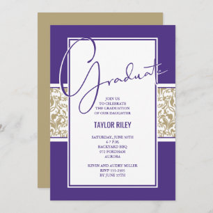 Purple and Gold Damask Graduation Invitation